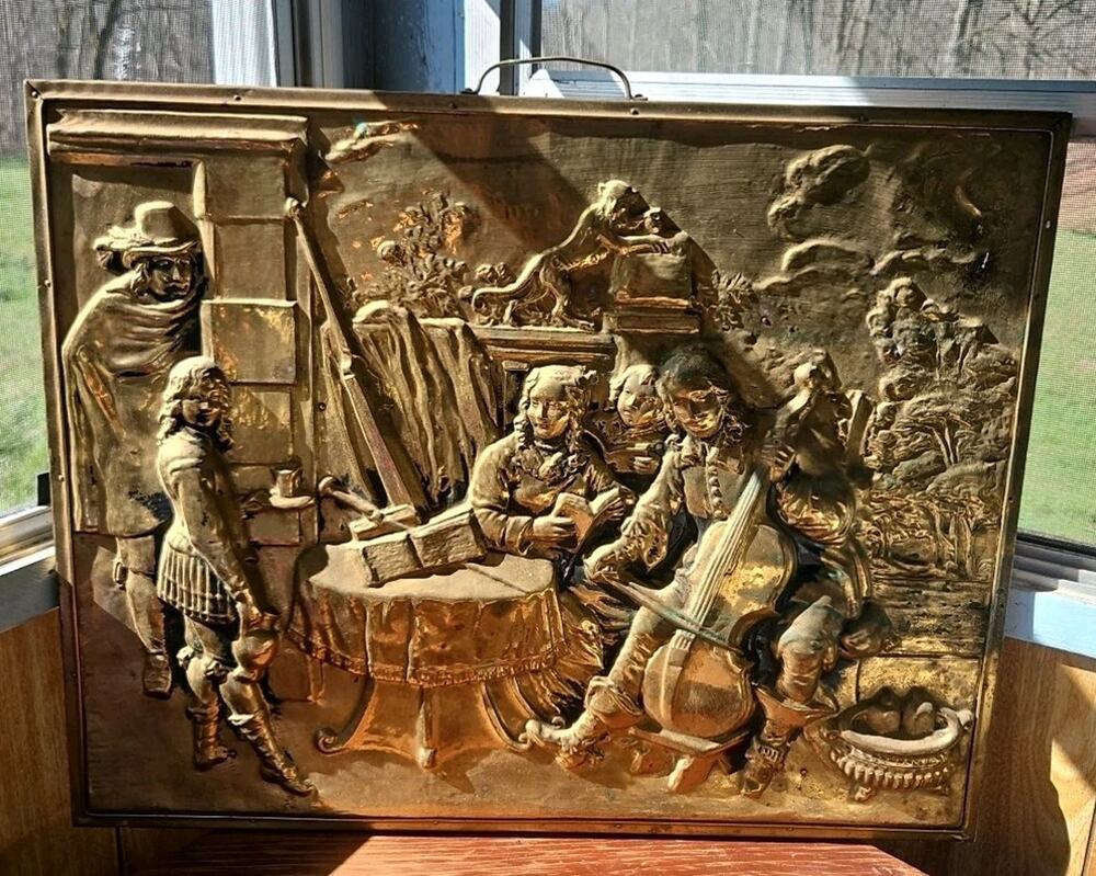 Large Vintage Brass on Wood Relief Art Wall Plaque French Musical 20" X 25"